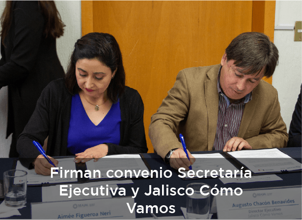 Firman convenio Secretaría Ejecutiva y Jalisco Cómo Vamos, foto durante la firma de contrato